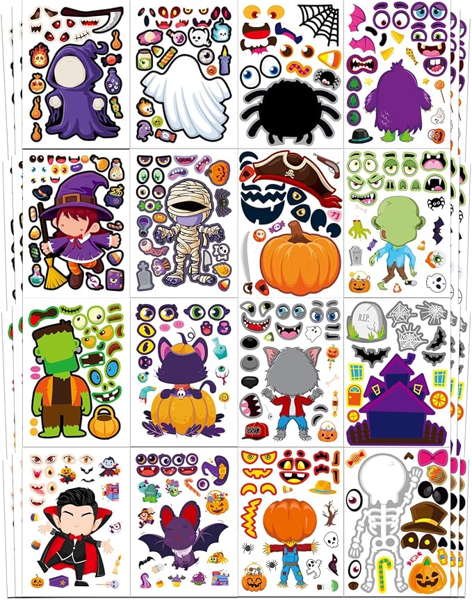 Aowplc 48 Halloween Make-a-Face Sticker Sheets for Kids, 16 Designs - skull sticker