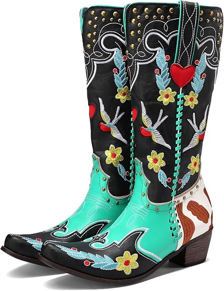 Women's Swallow Floral Embroidered Cowgirl Boots - Chunky Low Heels - Handmade Rivets - Western Cowboy Knee High Boots - Pull On - Blue, Black, Green - Patchwork - Wide Calf - sugar skull boots