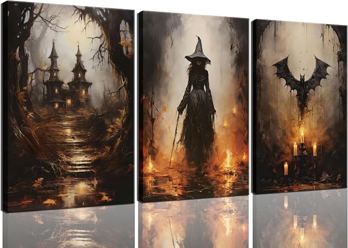 3Pcs Halloween Canvas Wall Art Horror Pumpkin and Witch Party Paintings Vintage Gothic Wall Decor Spooky Castle Prints Flying Bat Moon Night Posters Pictures for All Saints' Day Party Home Framed - skull wall art
