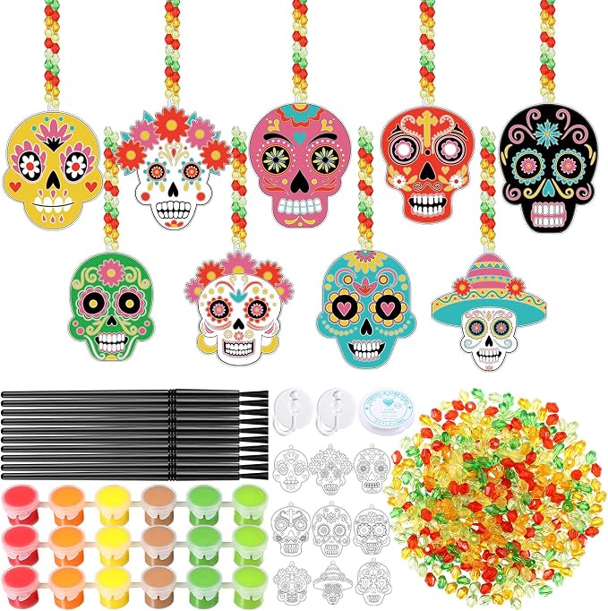 Pasimy 36 Sets Day of The Dead Crafts Sugar Skull Suncatchers DIY 9 Designs - skull painting