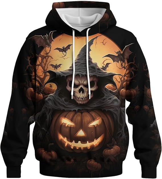 Novelty Pumpkin Skull Hoodie Funny Halloween Hoodies Sweatshirts Pullover Long Sleeve - skull hoodie