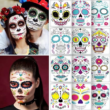 12 PCS Day of the Dead Costume Tattoos for Halloween - Temporary Sugar Skull Face Stickers for Makeup, Masquerade, Parties. Face & Body Tattoos for Events - sugar skull makeup