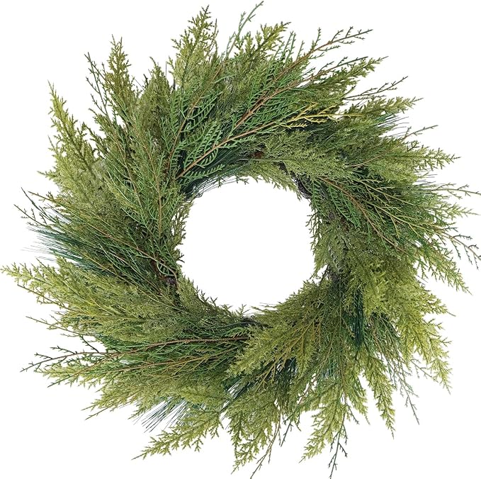 20” Green Faux Norfolk Pine Christmas Winter Wreath – Mixed with Real Touch Fake Cypress, Cedar & Spruce, Xmas Wreaths for Front Door Porch Mantel & Fireplace - skull wreath