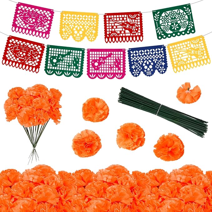 Day Of The Dead Decorations 69pcs Marigold Flower and Mexican Party Banners Dia De Los Muertos Decorations for Halloween Day of The Dead Diwali Ofrendas Altar Table Decorations - skull carpet