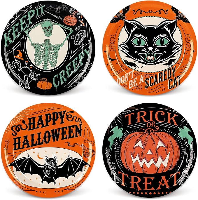 Whaline Halloween Paper Plates Vintage Orange Black Disposable Dinner Plates Black Cat Pumpkin Bat Skeleton 9 Inch Dinnerware Plate for Party Supplies Table Decor, 40Pcs - skull plate
