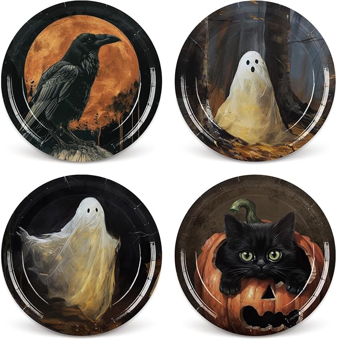 Whaline Halloween Dessert Plates Crow Ghost Pumpkin Black Cat Disposable Paper Plates Vintage Dinnerware Plate 7 Inch for Party Supplies Table Decor, 24Pcs - skull plate