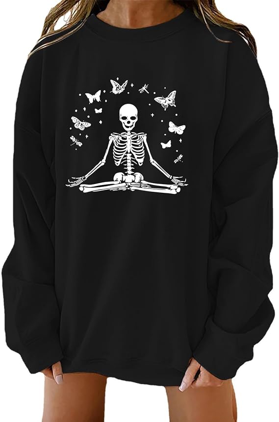 Halloween Skeleton Shirts for Women Funny Pumpkin Boobs Oversized Sweatshirts Fall Casual Top Cute Skull Tee - skull hoodie