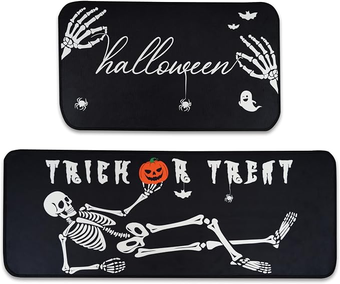 Spooky Skeleton Spider Bone Black Halloween Kitchen Rugs Set of 2 Non Skid Kitchen Floor Rug and Mat Kitchen Rug Area Mat Carpets for Seasonal Floor Decor 17"x47"+17"x30" - skull carpet