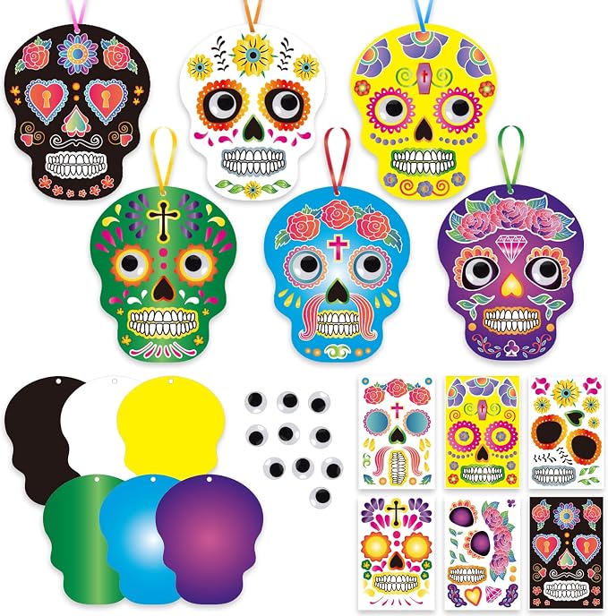 YVAINE 12 Pack Day of The Dead Craft Kits, Dia De Los Muertos Decorations DIY Halloween Sugar Skull Hanging Ornament for Halloween Birthday Activities Day of Dead Party Supplies - sugar skull ornament
