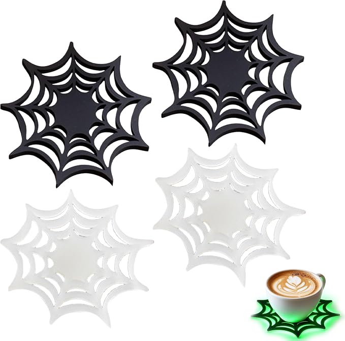 4Pcs Luminous Halloween Coasters, Black White Spider Web Coasters - skull coaster