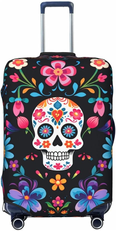 Mexican Sugar Skulls Flowers Design Elastic Luggage Cover Protector Anti-Scratch Travel Essentials Suitcase Case Fits Size L for 25-28 inch Luggage - skull suitcase