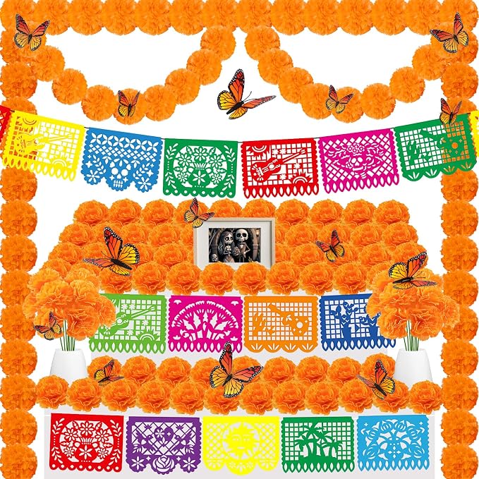 94Pcs Day of The Dead Decorations Set,18 Mexican Party Banners Papel Picado, 2 Artificial Marigold Garland, 50 Marigold Flowers with Stem, 24 Butterfly for Dia De Los Muertos Indian Diwali Altar Decor - skull figurine