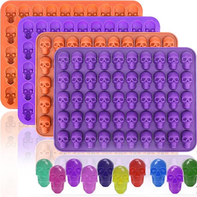 Mini Skull Molds Silicone Halloween for Candy Gummy Chocolate, 200 Cavity 4 pcs Small Head Shapes Freezing Tray Party Wax Melts DIY Moulds BPA Free Treat or Trick Kids Oven Safe - skull ashtray