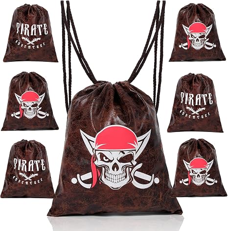 RICHNESS Pirate Drawstring Backpack - 10x12 Inches Medieval Faux Leather Skull Loot Bags for Pirate Adventure Party Favor Pack of 6 - skull backpack