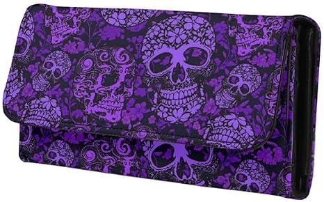 Women's Purple Skull Floral PU Leather Tri-fold Zipper Wallet, Candy Skull Buckle Elegant Clutch - sugar skull handbags for sale