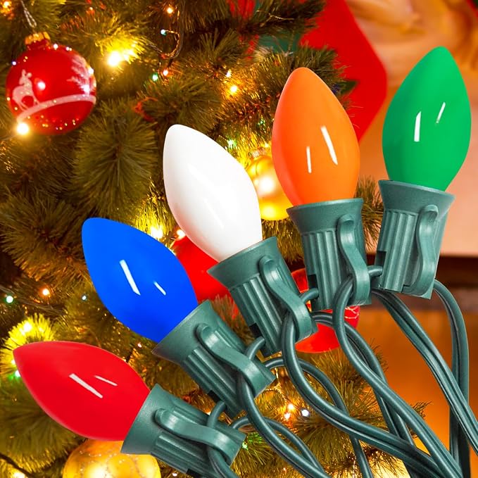 C7 Christmas String Lights Multicolor - 25FT Vintage Christmas Light with 27 C7 Multicolor Incandescent Bulbs, Outdoor Christmas Tree Lights for Christmas Holiday Party Decor - Green Wire - string light