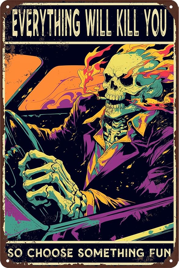 Skeleton Tin Sign Vintage Metal Garage Signs for Men Car Posters Wall Art Decor Skull Metal Tin Sign for Man Cave Funny Street Signs for Bedroom Auto Shop Decor Gifts 8x12 Inch - skull wall art