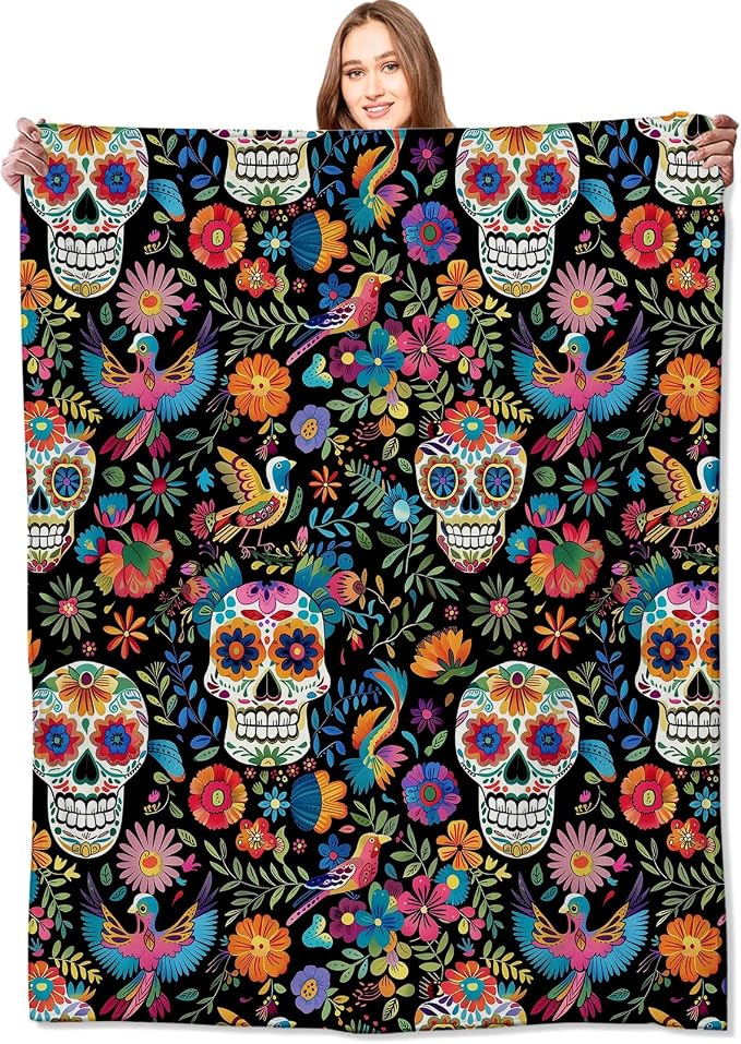 Sugar Skull Blanket Colorful Day of The Dead Floral & Bird Throw Blankets, for Women Men,Lightweight Soft Fleece Cozy for Sofa Couch Bed Room Travel Celebrations Decor 50x60in - skull blanket