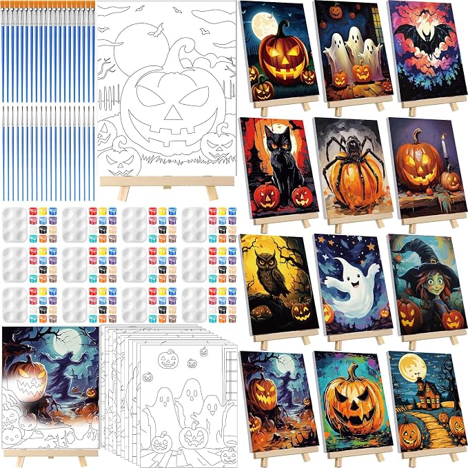 Zhanmai 12 Set Paint and Sip Kit for Adult 8''x10'', Halloween Pumpkin - skull painting