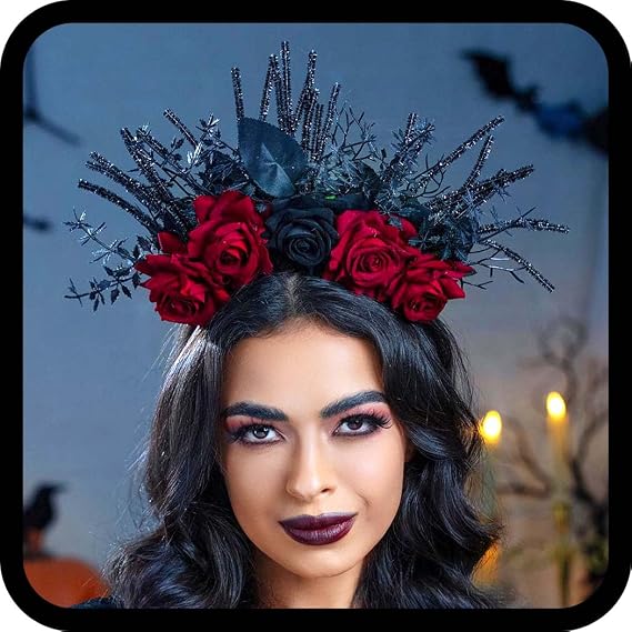 Woeoe Halloween FLower Halo Crown Day of The Dead Headband Rose Floral Hair Band Gothic Hair Hoop for Women Halloween Party Cosplay Dress up Costume Hair Accessories - skull headband