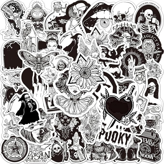50PCS Goth Stickers for Water Bottles, Black White Gothic Stickers, Waterproof Vinyl Decals for Laptop Scrapbook Suitcase Skateboard Snowboard Luggage - skull sticker