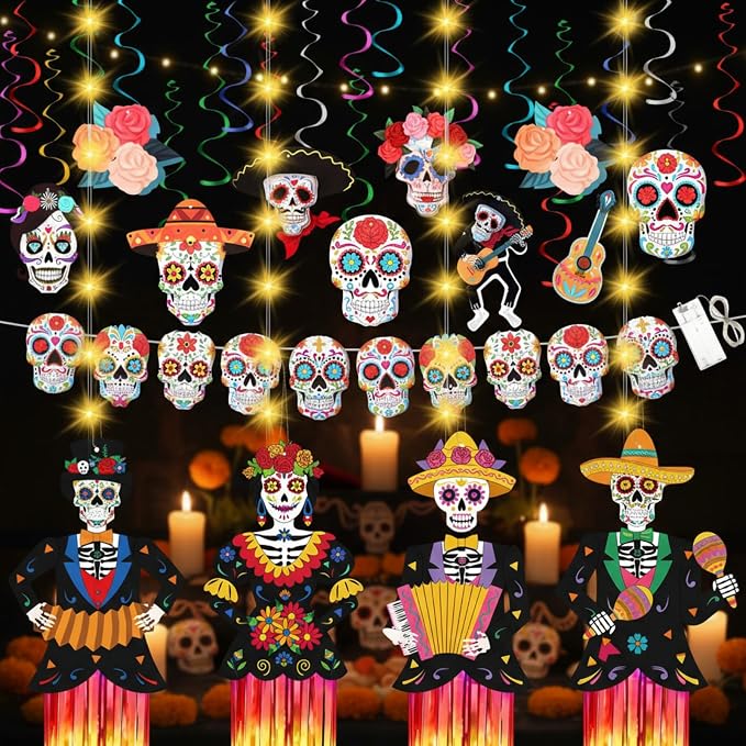 29 Pcs Day of the Dead Decorations Sugar Skull Hanging Swirl Decor, Classic - sugar skull ornament