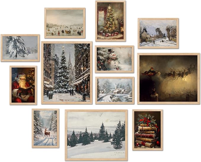 TwoDays Vintage Christmas Wall Art, Moody Winter Xmas Aesthetic Poster for Room Decor, Santa Reindeer Pine Tree Gallery Painting Artwork Prints. (Multi Sizes, 8" X 10" Largest, Set of 12, UNFRAMED) - skull painting