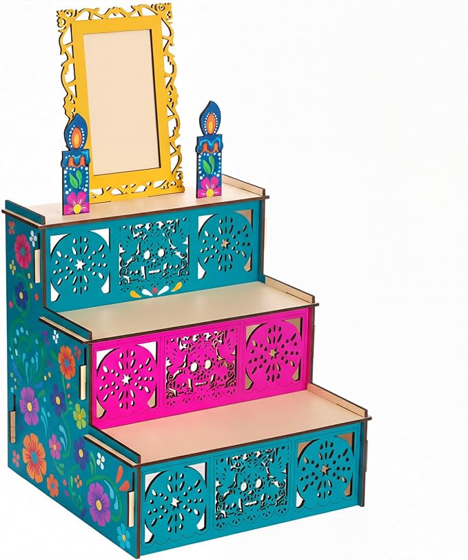 MotiMind Dia de Los Muertos Altar Ofrenda, Wooden Kit with Photo Frame - skull candle