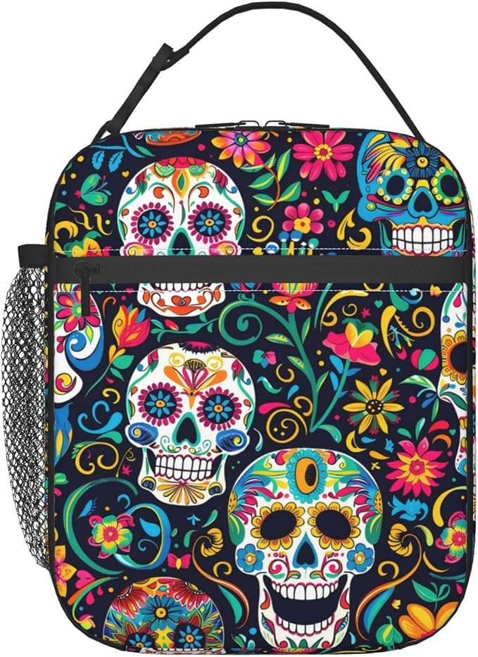 Reusable Gothic Sugar Skull Lunch Box for Kids Girls Boys Women Adult, Insulated Day of the Dead Lunch Bag,Polyester Cooler Floral Handbags Case for School Picnic Work Travel Beach or Hiking - skull backpack