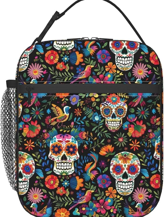 Reusable Vibrant Sugar Skull Lunch Box for Kids Girls Boys Women Adult, Insulated Day of the Dead Lunch Bag,Polyester Cooler Gothic Handbags Case for School Picnic Work Travel Beach or Hiking - sugar skull handbags for sale