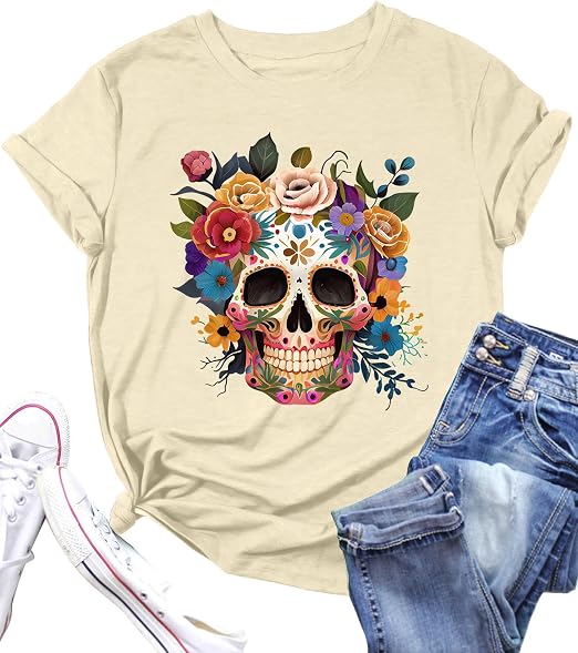 Dia De Los Muertos Shirt Women Funny Day of The Dead Skulls T-Shirt Fall Sugar Skull Garphic Tees Spooky Season Tops - skull tshirt