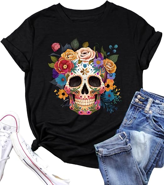 Dia De Los Muertos Shirt Women Funny Day of The Dead Skulls T-Shirt Fall Sugar Skull Garphic Tees Spooky Season Tops - sugar skull boots