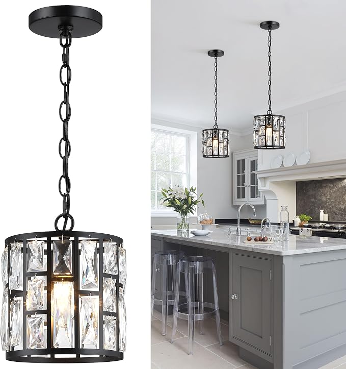 MEXO Modern Crystal Pendant Light,Black Chandelier Light Fixture, Cylinder Adjustable Height Pendant Lights for Kitchen,Dining Room,Living Room,Foyer,Hallway - skull lamp