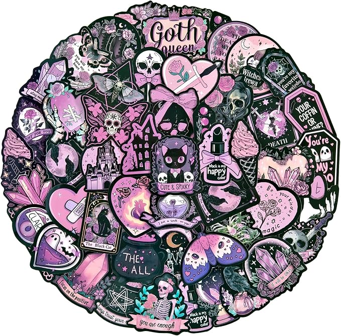 Ychsring Dark Pink Goth Stickers - 50 Pcs Gothic Skull Witchy Waterproof Vinyl Stickers for Water Bottle, Laptop, Phone Case - Graffiti Aesthetic Stickers for Adults Girls & Teens - skull sticker