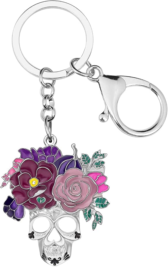 Enamel Alloy Halloween Flower Skull Keychain Car Keys Purse Charms Bag Accessories Sugar Skull Gifts for Women Girls