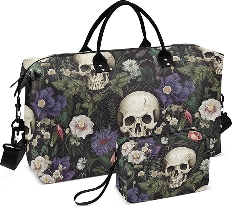 Skull Travel Duffle Gym Weekender Swim Bag with Toiletry Bag for Women – Purple White Flower