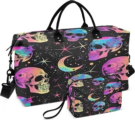 Skull Travel Duffle Bag Gym Bag, Neon Goth Skull Weekender Bags for Women with Toiletry Bag Travel Tote Bag Swim Bag - skull suitcase
