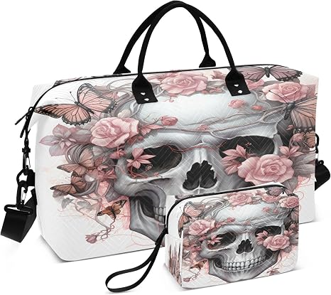 Skull Travel Gym Bag, Skull Pink Flower Butterfly Weekender Overnight Duffle for Women with Toiletry Bag Travel Swim - sugar skull handbags for sale