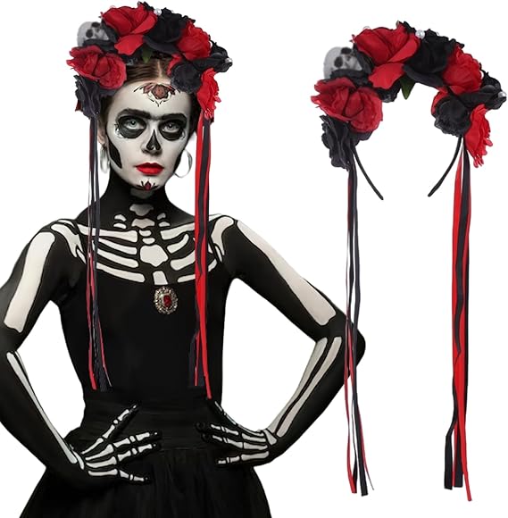 Flower Day of the Dead Rose Headbands Halloween Skull Mexican Black Red Rose Floral Crown with Ribbon Gothic Headpiece for Women Girls Halloween Costume Bridal Cosplay Party Headwear - skull headband