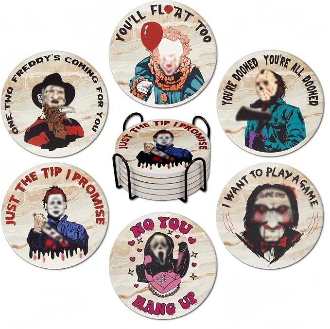 Scary Halloween Decor for Kitchen and Home,Spooky Character Stone Cork Coasters for Coffee Table Drinks,6 Pcs Scary Killer Coaster Set with Holder,Scream Themed Gift and Party Decor - skull coaster