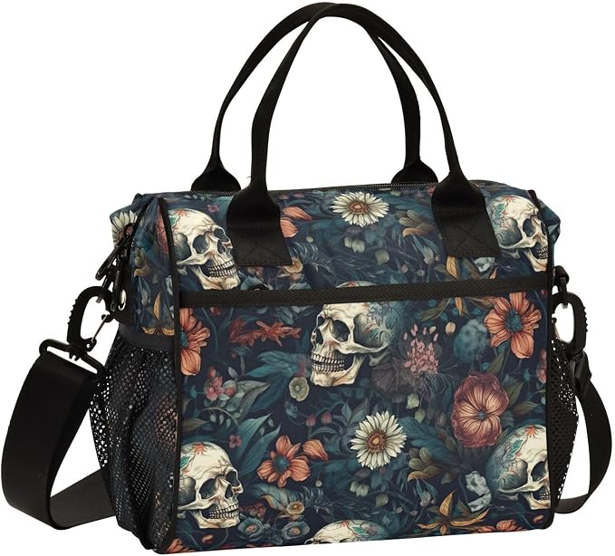 Gothic Skulls Flower Print Insulated Lunch Bag for Women Men Spacious Interior Leakproof Thermal Lunch Box Cooler Bag for Office, Outdoor, Travel Medium - skull suitcase