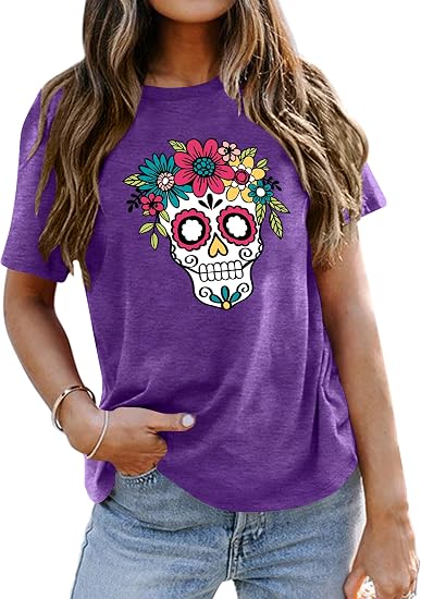 Ithalt Dia De Los Muertos Shirt Women Day of Dead T Shirt Sugar Skull Top - skull tshirt