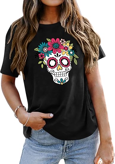 Ithalt Dia De Los Muertos Shirt Women Day of Dead T Shirt Sugar Skull Top - skull tshirt