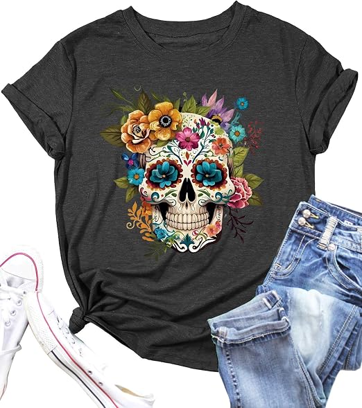 Dia De Los Muertos Shirt Women Funny Day of The Dead Skulls T-Shirt Fall Sugar Skull Garphic Tees Spooky Season Tops - skull tank tops