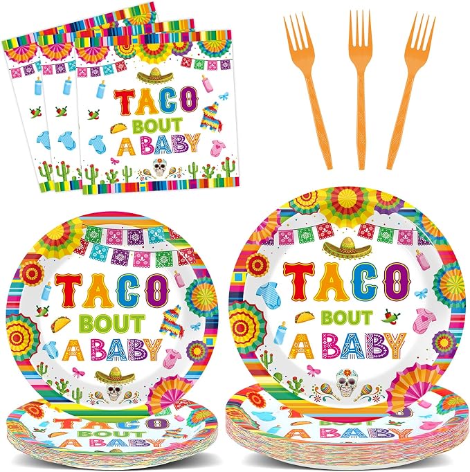 96Pcs Taco Baby Shower Party Supplies Taco Bout A Baby Paper Plates Napkins Dia De Los Muertos Mexican Fiesta Party Decorations Day of The Dead Dinnerware Favor Boys Girls Tableware Serves 24 - skull plate