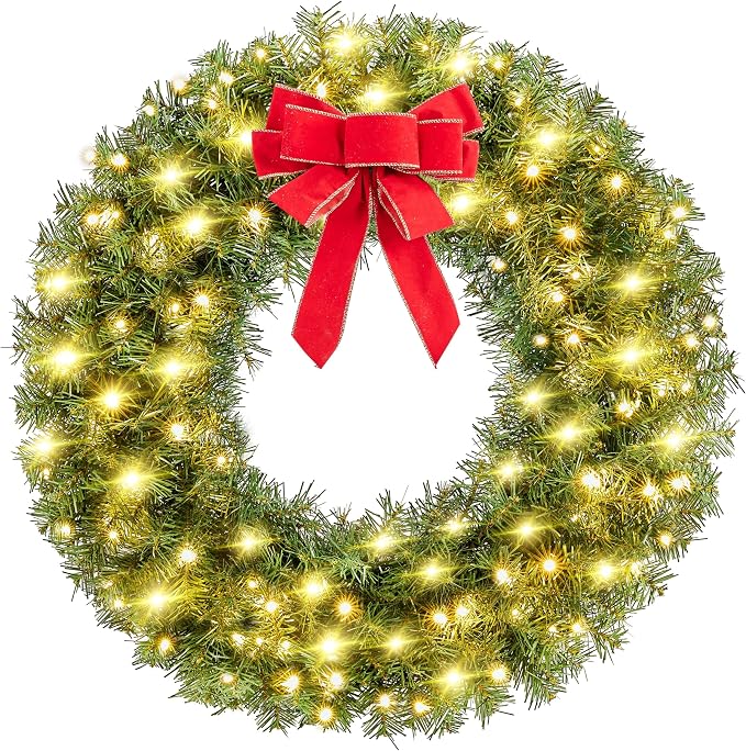 Yaheetech 30in Large Artificial Christmas Wreath, Pre-lit Holiday Accent Decoration with Red Bow, 110 LED Lights & 300 PVC Tips, Metal Structure for Door Wall & Mantel