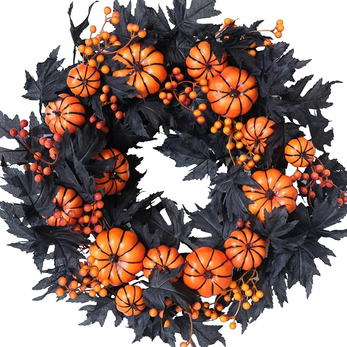 Halloween Wreaths Black Maple Leaf Wreath Orange Pumpkin Wreath Holiday Decoration Party Party Celebration Wreaths Front Door Back Door Hallway Patio Decoration - skull wreath