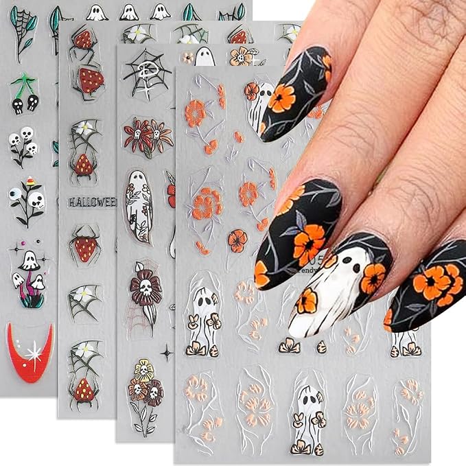 Halloween Nail Art Stickers, 5D Embossed Flower Skull Nail Decals Strawberry Spider Pumpkin Floral Ghost Face Nail Art Supplies Luxurious Halloween Nail Design for Women(4 Sheets) - skull sticker