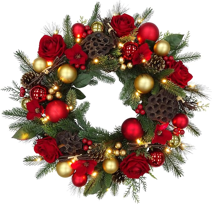 BIG 25" D Pre-lit Christmas Artificial Rose Pine Wreath w Natural Grapevine Base Lotus Seedpod (35 LED Lights, 8 Flash Options) for Xmas Decor at Shop Home Front Door Living Room Wall Window (Battery) - skull wreath