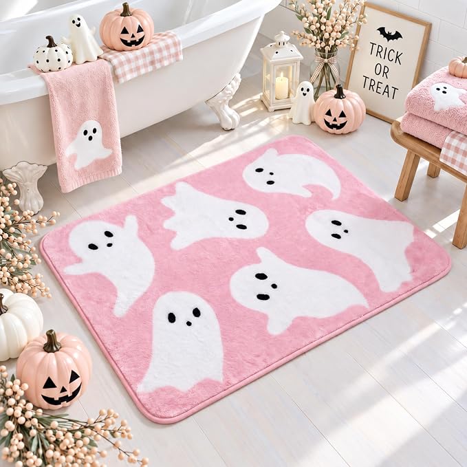Tinideya Halloween Ghost Bathroom Rug 32 x 20 Inch,Pink, White - skull toilet mat